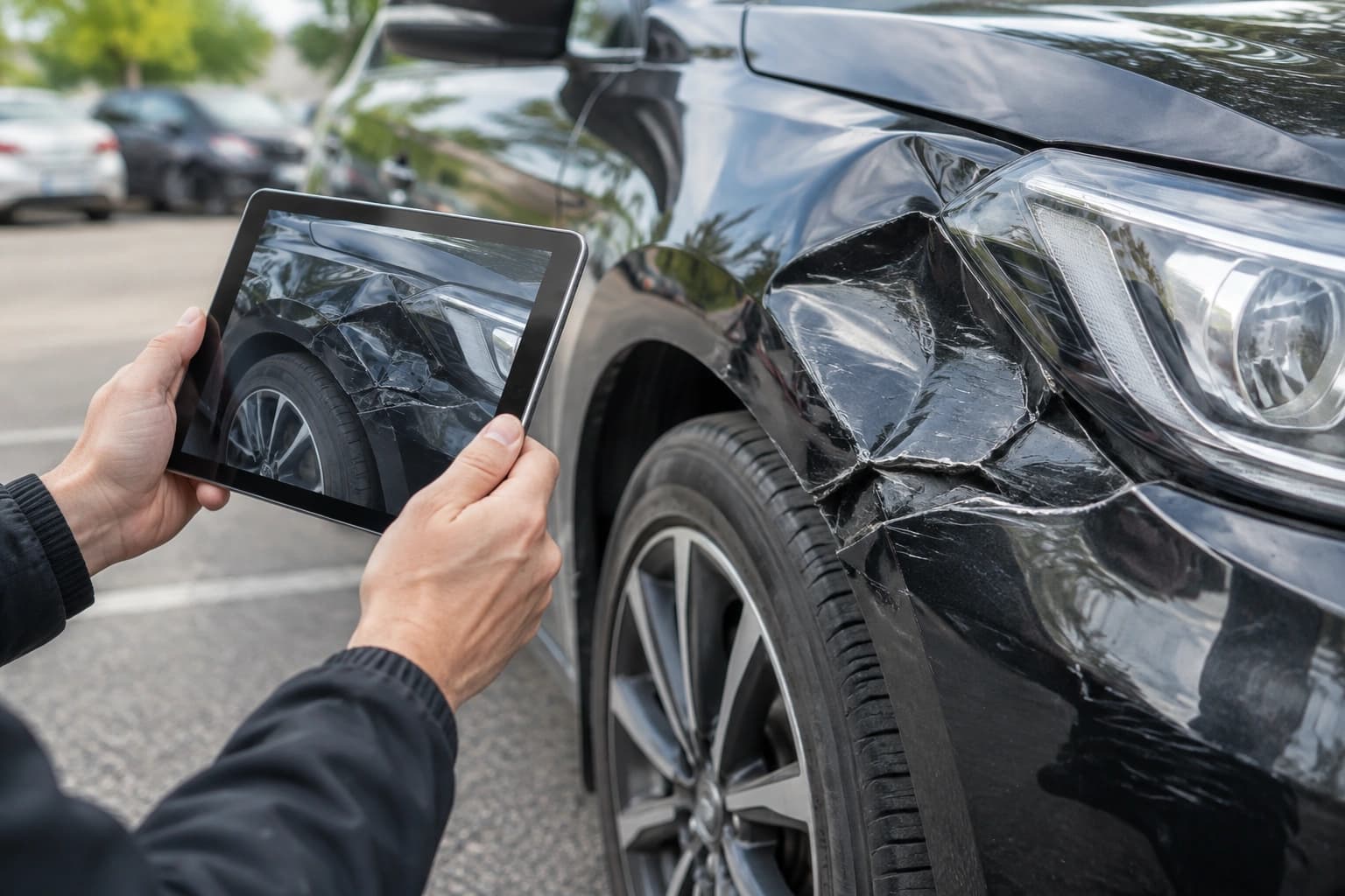 Airbag işlemli araç alan yerler — hasarlı ön çamurluğu tablet üzerinden kayıt altına alan inceleme görevlisi