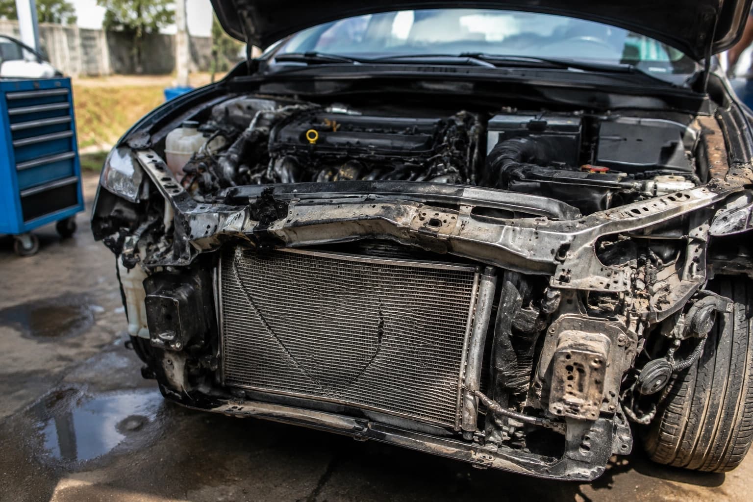 Balıkesir pert araç alan yerler — kaputu açık aracın hasar görmüş motor bölmesi ve çatlamış radyatörü