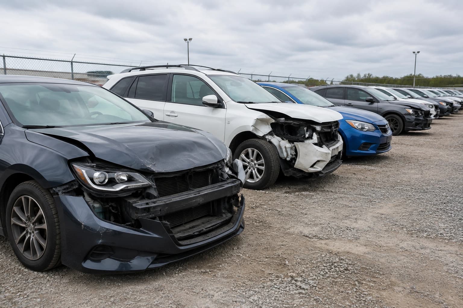 Çekme belgeli araç alan firmalar — açık otoparkta sıra hâlinde bekleyen hasarlı araçlar
