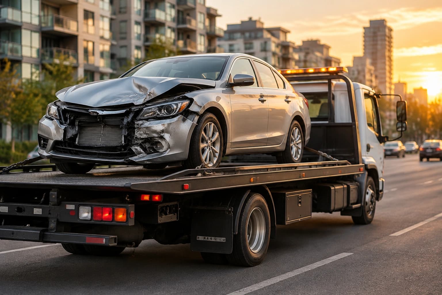 İstanbul hasarlı araç alan yerler — şehir içinde ön tarafı hasarlı bir otomobili taşıyan sıfır zeminli çekici