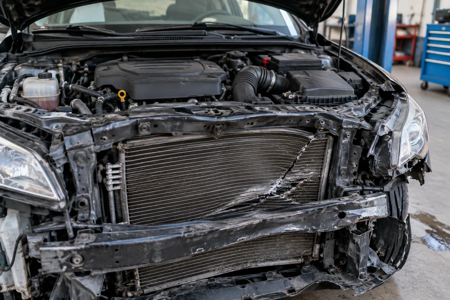 Motor arızalı araç alan yerler — kaputu açık aracın hasar görmüş motor bölmesi ve çatlamış radyatörü