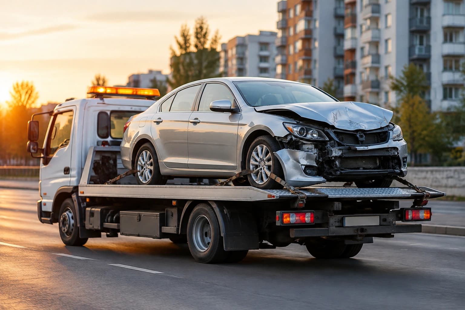 Nevşehir hasarlı araç alan yerler — şehir içinde ön tarafı hasarlı bir otomobili taşıyan sıfır zeminli çekici